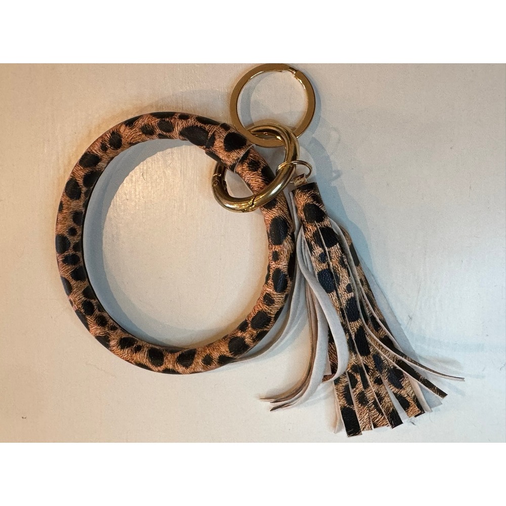 Leopard Print O-Ring Keychain Wristlet with Tassel Gold Hardware Brown Black